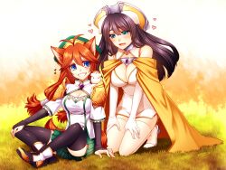  2girls animal_ears black_legwear blue_eyes blush breasts bridal_gauntlets brown_hair cape cleavage commentary_request elbow_gloves fox_ears fox_tail gloves grass green_eyes grin hamster hat heart highres kneeling konshin long_hair medium_breasts multiple_girls open_mouth original sitting skirt smile tail thighhighs white_gloves white_legwear 