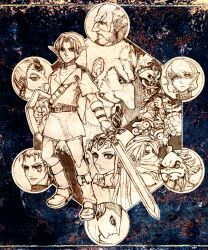  5boys 5girls commentary_request darunia ganondorf gerudo holding holding_sword holding_weapon impa kotake koume_(zelda) left-handed link mochio_(ibuki) monochrome multiple_boys multiple_girls nabooru pointy_ears princess_ruto princess_zelda rauru_(ocarina_of_time) saria_(zelda) sheik shield skeleton stalfos sword the_legend_of_zelda the_legend_of_zelda:_ocarina_of_time twinrova weapon 