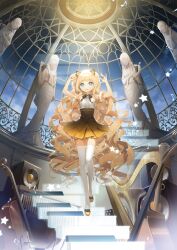  :3 animal_ears bare_shoulders blonde_hair blue_eyes cat_ears cello commentary_request curly_hair female harp highres instrument long_hair musical_note night night_sky photoshop_(medium) pleated_skirt salt_(salty) seeu skirt sky solo speaker star_(sky) star_(symbol) statue thighhighs very_long_hair vocaloid white_thighhighs zettai_ryouiki 