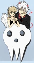  angel blonde_hair costume couple devil formal green_eyes halloween maka_albarn oekaki ponytails red_eyes skull smile soul_eater soul_eater_evans suit white_hair wings 