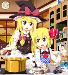  2girls apron blonde_hair bowl brown_eyes cloud commentary_request cooking cooking_pot egg eggshell food hat icing kirisame_marisa meat microwave milk milk_carton multiple_girls mushroom onion open_mouth pastry_bag pepper_shaker red_eyes rumia ruu_(tksymkw) short_hair spoon stirring stove touhou window witch_hat 