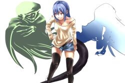  arc_system_works blue_hair dizzy guilty_gear red_eyes shorts simple_background tail thighhighs wings 