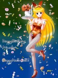  aino_minako animal_ears artemis_(sailor_moon) bishoujo_senshi_sailor_moon blonde_hair blue_background blue_eyes bow bowtie candy chocolate_chip_cookie commentary_request cookie detached_collar feline female fishnet_pantyhose fishnets food full_body gradient_background green_background halloween happy_birthday happy_halloween highres jack-o&#039;-lantern leotard lollipop long_hair md5_mismatch orange_footwear orange_leotard pantyhose photoshop_(medium) playboy_bunny pumpkin rabbit_ears rabbit_tail shoes standing standing_on_one_leg tail tongue twkr_(suguro-m) wrist_cuffs 