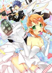  animal_ears bad_id bad_pixiv_id blue_eyes breasts bridal_veil bride brown_hair candy cape cleavage commentary_request dress elbow_gloves explosive fake_animal_ears female food garter_straps gloves green_hair grenade kurot lollipop medium_breasts open_mouth original party_cannon rabbit_ears thighhighs tuxedo upskirt veil weapon wedding_dress white_dress white_gloves white_legwear 