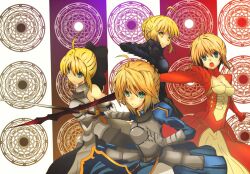  4girls absurdres aestus_estus ahoge armor armored_dress artoria_pendragon_(fate) bare_shoulders blonde_hair bow breasts cleavage commentary_request dodecagram dress epaulettes excalibur_(fate/stay_night) fate/extra fate/stay_night fate/unlimited_codes fate_(series) green_eyes hair_ribbon hairbow highres koi-sora-555 magic_circle medium_breasts multiple_girls multiple_persona nero_claudius_(fate) nero_claudius_(fate/extra) ponytail ribbon saber_(fate) saber_alter saber_lily sword weapon yellow_eyes 