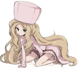  blonde_hair caitlin_(pokemon) commentary_request female fur_hat green_eyes hat long_hair nakamura_sandayo pokemon pokemon_bw simple_background sitting solo very_long_hair wariza white_background 