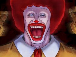  1024x768 close-up clown creepy face_paint facepaint gloves glowing glowing_eyes male male_focus mcdonald&#039;s mitsuki_yuuya open_mouth red_hair ronald_mcdonald solo teeth wallpaper 