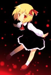  ascot blonde_hair blush commentary_request dress dress_shirt female hair_ribbon lolicon looking_at_viewer outstretched_arms red_eyes ribbon rumia shirt short_hair skirt smile socks solo touhou white_socks yamasan 