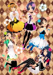  5girls alternate_costume black_hair black_legwear brown_hair chrome_dokuro commentary_request cupcake danemaru dress food hair_rings i-pin katekyo_hitman_reborn! lal_mirch miura_haru multiple_girls sasagawa_kyouko striped_clothes striped_thighhighs thighhighs vertical-striped_clothes vertical-striped_thighhighs 