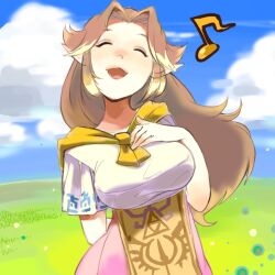  aged_up arm_behind_back bad_id bad_pixiv_id breasts brown_hair closed_eyes cloud day female hand_on_own_chest inactive_account large_breasts long_hair malon moja_(hmmh) musical_note open_mouth outdoors pointy_ears scarf shirt sky smile solo taut_clothes taut_shirt the_legend_of_zelda the_legend_of_zelda:_ocarina_of_time 