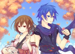  1boy autumn_leaves bare_shoulders biwa_lute blue_eyes blue_hair blue_scarf blue_sky braid breasts closed_mouth commentary curryuku day detached_sleeves english_commentary female floral_print hair_between_eyes hair_ornament instrument japanese_clothes kaito_(vocaloid) leaf looking_away lute_(instrument) maple_leaf medium_breasts meiko_(vocaloid) music outdoors parted_lips photoshop_(medium) playing_instrument scarf side_braid single_braid sky sleeveless smile tassel tsugai_kogarashi_(vocaloid) upper_body vocaloid wind 