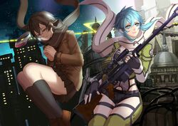  2girls amusphere anti-materiel_rifle aqua_eyes aqua_hair asada_shino black_hair blue_eyes blue_hair bolt_action building chinese_commentary citemer cityscape closed_eyes commentary_request dual_persona fingerless_gloves gloves gun holding holding_gun holding_weapon medium_hair multiple_girls outdoors pgm_hecate_ii rifle scarf scenery school_uniform scope short_hair sinon smile sniper_rifle sword_art_online thick_thighs thigh_gap thighs weapon 