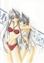  2girls absurdres artist_request bikini criss-cross_halter grey_eyes halterneck highres hug leese_(my_merry_may_be) long_hair multiple_girls my_merry_may_be reu_(my_merry_may_be) silver_hair smile swimsuit very_long_hair 