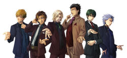  6+boys black_hair blonde_hair brown_hair commentary_request formal fujiyama_arashi glasses green_hair grey_hair hachina highres konno_tamao male_focus multiple_boys niina_junpei outstretched_hand photoshop_(medium) sakurai_kouichi sakurai_ruka shitara_seiji suit tokimeki_memorial tokimeki_memorial_girl&#039;s_side_3rd_story 