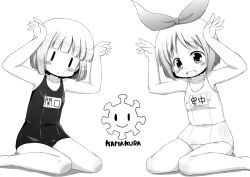  2girls annaka_haruna arms_up commentary_request greyscale hairband monochrome multiple_girls muu_rian nichijou one-piece_swimsuit photoshop_(medium) school_swimsuit sekiguchi_yuria short_hair sitting swimsuit wariza 