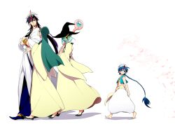  3boys aladdin_(magi) aqua_hair bad_id bad_pixiv_id barefoot blue_eyes blue_hair braid dalc_rose feet female flute hat highres instrument ja&#039;far_(magi) keffiyeh long_hair magi_the_labyrinth_of_magic midriff multiple_boys navel purple_hair sinbad_(magi) staff turban walking white_hair witch_hat yamuraiha yellow_eyes 