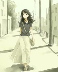  bad_id bad_pixiv_id bag black_hair female freckles hanno long_hair long_skirt original road sandals short_sleeves skirt solo street summer traffic_barrier vanishing_point walking 