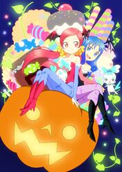  2girls animal_print bad_id bad_pixiv_id bare_shoulders bat_print blue_background blue_eyes blue_hair boots cake candy candy_cane chocolate chocolate_bar chypre_(heartcatch_precure!) coffret_(heartcatch_precure!) cookie cosplay cupcake food halloween hanasaki_tsubomi head_wings heartcatch_precure! jack-o&#039;-lantern kurumi_erika leotard lilith_aensland lilith_aensland_(cosplay) morrigan_aensland morrigan_aensland_(cosplay) multiple_girls p._(momoiro_hakushaku) pantyhose photoshop_(medium) precure print_pantyhose pumpkin red_eyes red_hair red_leotard sweets vampire_(game) wings 