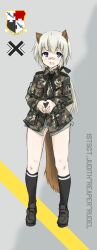  aged_down animal_ears bad_id bad_pixiv_id balkenkreuz bandaid bandaid_on_face bandaid_on_nose black_footwear black_ribbon black_socks blue_eyes breast_pocket camouflage camouflage_jacket collared_jacket commentary cross dakku_(ogitsune) female flecktarn full_body green_jacket grey_background grey_hair grey_shirt hair_ribbon heraldry jacket kneehighs legs_apart loafers long_sleeves military_jacket multicolored_background multicolored_clothes multicolored_jacket neck_ribbon no_pants open_mouth original panties photoshop_(medium) pocket ponytail ribbon shirt shoes short_hair shoulder_boards single_stripe socks solo standing steepled_fingers strike_witches_1991 striped tail underwear uniform upturned_eyes white_panties white_stripes world_witches_series yellow_background 