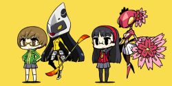  2girls amagi_yukiko chan_co chibi commentary_request glasses hairband konohana_sakuya multiple_girls pantyhose persona persona_4 satonaka_chie school_uniform tomoe_(persona_4) yellow-framed_eyewear 