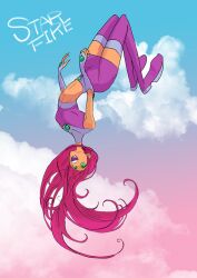  alien bad_proportions boots cartoon_network character_name dc_comics female flying happy highres long_hair midriff purple_shirt purple_skirt red_hair shirt skirt sleeveless smile solo starfire teen_titans thigh_boots thighhighs vambraces 