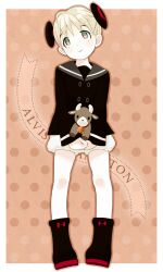  alvis_hamilton bell blonde_hair boots commentary_request drawer female full_body genda last_exile simple_background solo stuffed_animal stuffed_goat stuffed_toy toy 