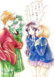  4girls akiyama_mio bishoujo_senshi_sailor_moon bishoujo_senshi_sailor_moon_s blush commentary_request crossover highres implied_yuri k-on! kaiou_michiru mugen_gakuen_school_uniform multiple_girls reverse_trap sakuragaoka_high_school_uniform school_uniform short_hair tainaka_ritsu ten&#039;ou_haruka tomo_(rocket_start!) traditional_media translation_request uniform very_short_hair white_background 