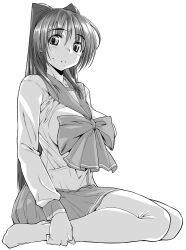  bow breasts commentary_request female greyscale kousaka_tamaki large_breasts long_hair monochrome school_uniform sitting skirt solo sweatdrop thighhighs to_heart_(series) to_heart_2 wariza yamaguchi_homupe 