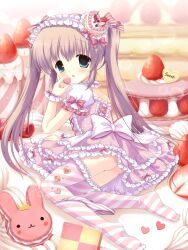  ass blush bow brown_hair cake candy cookie food fruit green_eyes hair_ribbon hairbow headdress lolita_fashion long_hair looking_back open_mouth original panties ribbon solo strawberry striped striped_legwear striped_thighhighs suama sweet_lolita thighhighs twintails underwear 