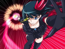  agahat attack black_hair blue_eyes breasts cleavage colored_sclera commentary_request dark_precure elbow_gloves female gloves heartcatch_precure! highres mismatched_sclera precure red_background short_hair small_breasts thighhighs yellow_sclera 