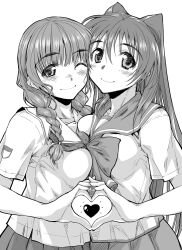  2girls 4-fingers_heart_hands asymmetrical_docking blush bow braid breast_press breasts cheek-to-cheek commentary_request crossover greyscale heads_together heart heart_hands heart_hands_duo heart_in_heart_hands kibina_high_school_uniform kimi_kiss kousaka_tamaki long_hair medium_breasts mizusawa_mao monochrome multiple_girls one_eye_closed school_uniform simple_background smile to_heart_(series) to_heart_2 twin_braids twintails yamaguchi_homupe 