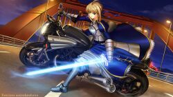  ahoge armor armored_dress artoria_pendragon_(fate) blonde_hair blue_dress braid braided_bun breastplate bridge building commentary_request dress excalibur_(fate/stay_night) fate/zero fate_(series) faulds female gauntlets glowing glowing_sword glowing_weapon greaves green_eyes hair_bun hair_ribbon highres highway holding lamp lamppost looking_at_viewer motor_vehicle motorcycle night photoshop_(medium) puffy_sleeves ribbon riding saber_(fate) serious shirakawa_mayo solo sword weapon yamaha yamaha_v-max 