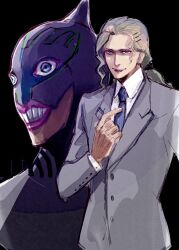  2boys bad_id bad_pixiv_id bow dual_persona formal grey_hair hair_ornament hairbow hairclip lips long_hair lunatic_(tiger_&amp;_bunny) male_focus mask multiple_boys mushiba_natta necktie ponytail simple_background suit superhero_costume tiger_&amp;_bunny yuri_petrov 