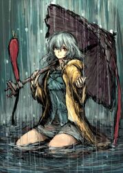  blue_eyes blue_hair commentary_request female frog heterochromia karakasa_obake kneeling moto_murabito outstretched_hand partially_submerged purple_umbrella rain raincoat red_eyes short_hair sitting smile solo tatara_kogasa tongue tongue_out touhou umbrella wariza water wet yellow_raincoat 