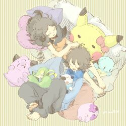  1boy bad_id bad_pixiv_id barefoot brown_hair clefairy dotted_line female highres hilbert_(pokemon) hilda_(pokemon) long_hair munna no_headwear oshawott pikachu pokemon pokemon_(creature) pokemon_bw ponytail puppet sleeping snivy starter_pokemon_trio tamoto_(loretta) tepig vest 