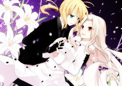  2girls ahoge artoria_pendragon_(fate) black_pantyhose blonde_hair blush boots coat commentary couple english_commentary eye_contact fate/zero fate_(series) floral_background flower formal gloves green_eyes holding_hands interlocked_fingers irisviel_von_einzbern kurot lily_(flower) long_hair looking_at_another multiple_girls open_mouth pant_suit pants pantyhose ponytail red_eyes saber_(fate) short_hair smile suit thigh_boots thighhighs white_flower white_hair white_lily yuri 