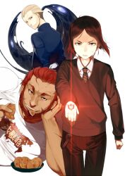  3boys beard black_hair blonde_hair command_spell commentary_request eating facial_hair fate/zero fate_(series) food glowing hair_slicked_back iskandar_(fate) kayneth_el-melloi_archibald lying male_focus mercury_(element) multiple_boys necktie on_side red_hair sasamori_tomoe senbei striped sweater vertical_stripes volumen_hydragyrum_(fate) waver_velvet 