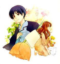  1boy \||/ arrietty blue_hair brown_eyes brown_hair closed_mouth commentary dandelion english_commentary english_text female flower hair_down hand_on_own_chest kadeart karigurashi_no_arrietty kneeling leaf long_hair orange_flower oversized_object short_hair shou_(karigurashi_no_arrietty) sleeves_past_elbows smile sugar_cube yellow_flower 