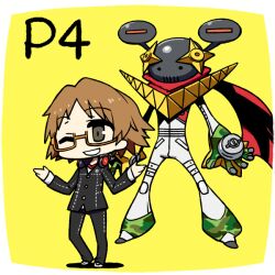  1boy brown_eyes brown_hair chan_co chibi commentary_request glasses hanamura_yousuke headphones headphones_around_neck jiraiya_(persona_4) male_focus one_eye_closed persona persona_4 school_uniform shrugging smile solo standing 