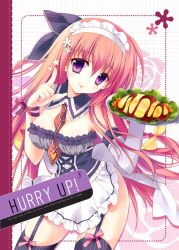  :p apron black_thighhighs bow breasts cleavage commentary_request corset cover cover_page detached_collar elbow_gloves female food garter_straps gloves hair_ornament hairclip large_breasts maid_headdress necktie no_panties omelet omurice original photoshop_(medium) plaid purple_eyes red_hair rei_(rei&#039;s_room) ribbon single_elbow_glove single_glove solo star_(symbol) striped_clothes striped_thighhighs thighhighs tongue tongue_out tray vertical-striped_clothes vertical-striped_thighhighs waitress wrist_ribbon 