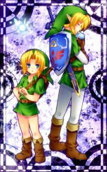  2boys bad_id bad_pixiv_id belt blonde_hair boots dual_persona earrings fingerless_gloves gloves green_eyes hat hylian_shield instrument jewelry link male_focus minatosaiga multiple_boys ocarina shield shield_on_back sword the_legend_of_zelda the_legend_of_zelda:_ocarina_of_time weapon young_link 