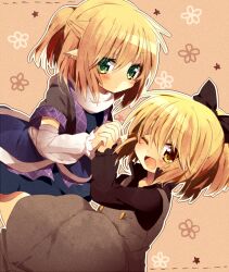  2girls animal_ears bad_id bad_pixiv_id blonde_hair blush bow green_eyes green_hair hair_ribbon hairbow holding_hands interlocked_fingers kurodani_yamame mizuhashi_parsee multiple_girls nochita_shin one_eye_closed open_mouth pointy_ears ponytail ribbon scarf short_hair skirt touhou yellow_eyes 