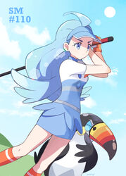  ahoge blue_eyes blue_skirt dutch_angle elite_four episode_number female gen_7_pokemon gloves golf_club highres kahili_(pokemon) kneehighs lens_flare light_blue_hair long_hair mei_(maysroom) orange_footwear orange_legwear pokemon pokemon_(anime) pokemon_(creature) pokemon_sm110 pokemon_sm_(anime) skirt sky swinging toucannon visor_cap 