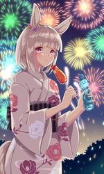  absurdres aerial_fireworks animal_ears bottle camellia_print commentary_request cowboy_shot ear_ornament female fireworks floral_print food food_request grey_hair happy_meek_(umamusume) highres holding holding_bottle holding_food horse_ears horse_girl horse_tail japanese_clothes kimono looking_at_viewer medium_hair night night_sky obi outdoors pink_kimono purple_eyes ramune sash sawara_noa sky smile solo summer_festival tail umamusume 