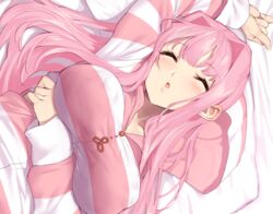  blush breast_hold breasts close cropped erect_nipples hoodie kotonoha_akane long_hair pajamas pink_hair sleeping voiceroid yappen 