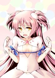  artist_name blue_ribbon blush bow breasts choker cleavage cleavage_cutout clothing_cutout commentary_request dress female gloves hairbow hands_up highres hikaru_310 kaname_madoka long_hair looking_at_viewer mahou_shoujo_madoka_magica mahou_shoujo_madoka_magica_(anime) medium_breasts open_mouth parody pink_hair rei_no_himo ribbon solo trait_connection twitter_username two_side_up ultimate_madoka upper_body white_bow white_choker white_dress white_gloves yellow_eyes 