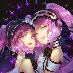  2girls bare_shoulders breasts choker commentary_request dress earrings emoillu euryale_(fate) fate/grand_order fate/hollow_ataraxia fate_(series) frilled_hairband frills hairband jewelry long_hair looking_at_viewer multiple_girls necklace off-shoulder_dress off_shoulder open_mouth parted_bangs pearl_necklace photoshop_(medium) purple_eyes purple_hair siblings sisters small_breasts smile sparkle stheno_(fate) twins twintails white_dress 