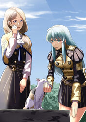  2girls alternate_costume commentary cowboy_shot eirika_(fire_emblem) feline fire_emblem fire_emblem:_the_sacred_stones fire_emblem:_three_houses garreg_mach_monastery_uniform highres long_hair mercedes_von_martritz multiple_girls petting shawl sheath sheathed sukkirito_(rangusan) sword weapon 