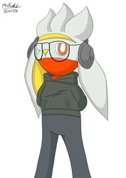  2023 absurd_res anthro black_body black_fur clothing dated electronics eyewear fur generation_8_pokemon glasses green_clothing green_hoodie green_topwear grey_body grey_fur hands_behind_back headphones hi_res hoodie lagomorph male mammal mr._raboot_the_raboot_(mrraboot) mrraboot nintendo one_eye_closed pokemon pokemon_(species) raboot red_eyes shaded signature simple_background simple_shading solo topwear wink 