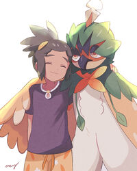  1boy ^_^ arm_around_shoulder backpack bag black_shirt blue_sky closed_eyes dark_skin day decidueye gen_7_pokemon green_hair happy hau_(pokemon) looking_at_another male_focus mei_(maysroom) pokemon pokemon_(creature) pokemon_(game) pokemon_sm shirt shoes shorts sidelocks sky smile solo tied_hair upper_body yellow_shorts 